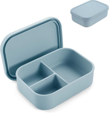 PandaEar Lancheira Bento de Silicone para Crianças, 3 Compartimentos, À Prova de Vazamentos e Livre de BPA, Pode Ser Usada no Micro-ondas e na Lava-louças (Azul)