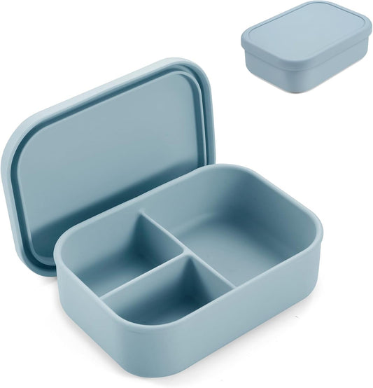 PandaEar Lancheira Bento de Silicone para Crianças, 3 Compartimentos, À Prova de Vazamentos e Livre de BPA, Pode Ser Usada no Micro-ondas e na Lava-louças (Azul)