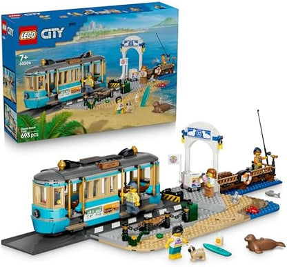 LEGO City Classic Bonde de Praia - Kit de Montagem com Trilhos, Cenário de Rua, 5 Minifiguras e 5 Figuras de Animais - Ideia de Presente de Aniversário para Meninos a partir de 7 Anos - 60506