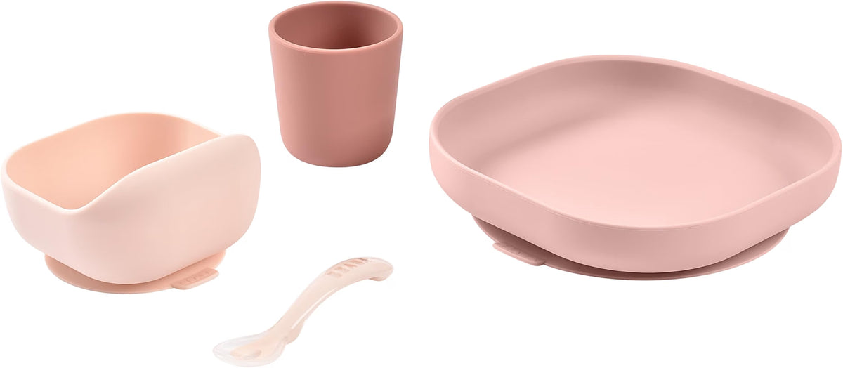 Béaba - Conjunto de Refeição de Silicone com Sucção Forte -  4 Peças - Rosa