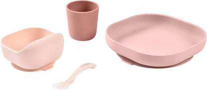 Béaba - Conjunto de Refeição de Silicone com Sucção Forte -  4 Peças - Rosa