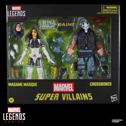 Figuras de ação da Madame Máscara e Ossos Cruzados da série Marvel Legends, nas cores dourada, preta e vermelha.