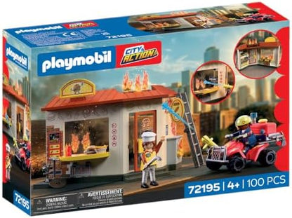 Playmobil | City Action | Quadriciclo de Bombeiro com Quiosque de Hambúrguer | Quadriciclo de emergência compacto com função de jato de água, quiosque de lanches em chamas e muitos acessórios | Para crianças a partir de 4 anos | 72195