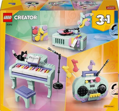 LEGO Creator 3 em 1 Piano Musical Decorativo com Brinquedo de Gato - Kit de Modelo Retrô que se Transforma em Rádio ou Toca-Discos - Decoração DIY para Quarto Infantil - Presente de Aniversário para Meninas e Meninos a partir de 9 Anos - 31392