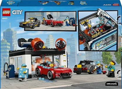 LEGO City Lava-Jato - Inclui 2 Carrinhos, Função de Lavagem e 4 Minifiguras com Acessórios - Ideia de Presente de Aniversário para Meninos a partir de 6 Anos - 60497
