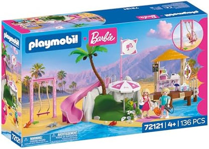 Playmobil | Barbie x Barbie Beach Café | Aventura de Verão com Barbie e Ken | Com Balanço, Escorregador e Animais | Conjunto Criativo para Crianças a partir de 4 Anos | 72121