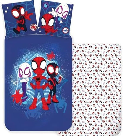Jogo de Cama Homem-Aranha e Amigos - Solteiro | Capa de Edredom 140x200 cm e Fronha 60x65 cm | 100% Algodão | Jogo de Cama Macio e Respirável para Crianças | Estampa Colorida do Homem-Aranha e Seus Incríveis Amigos da Marvel