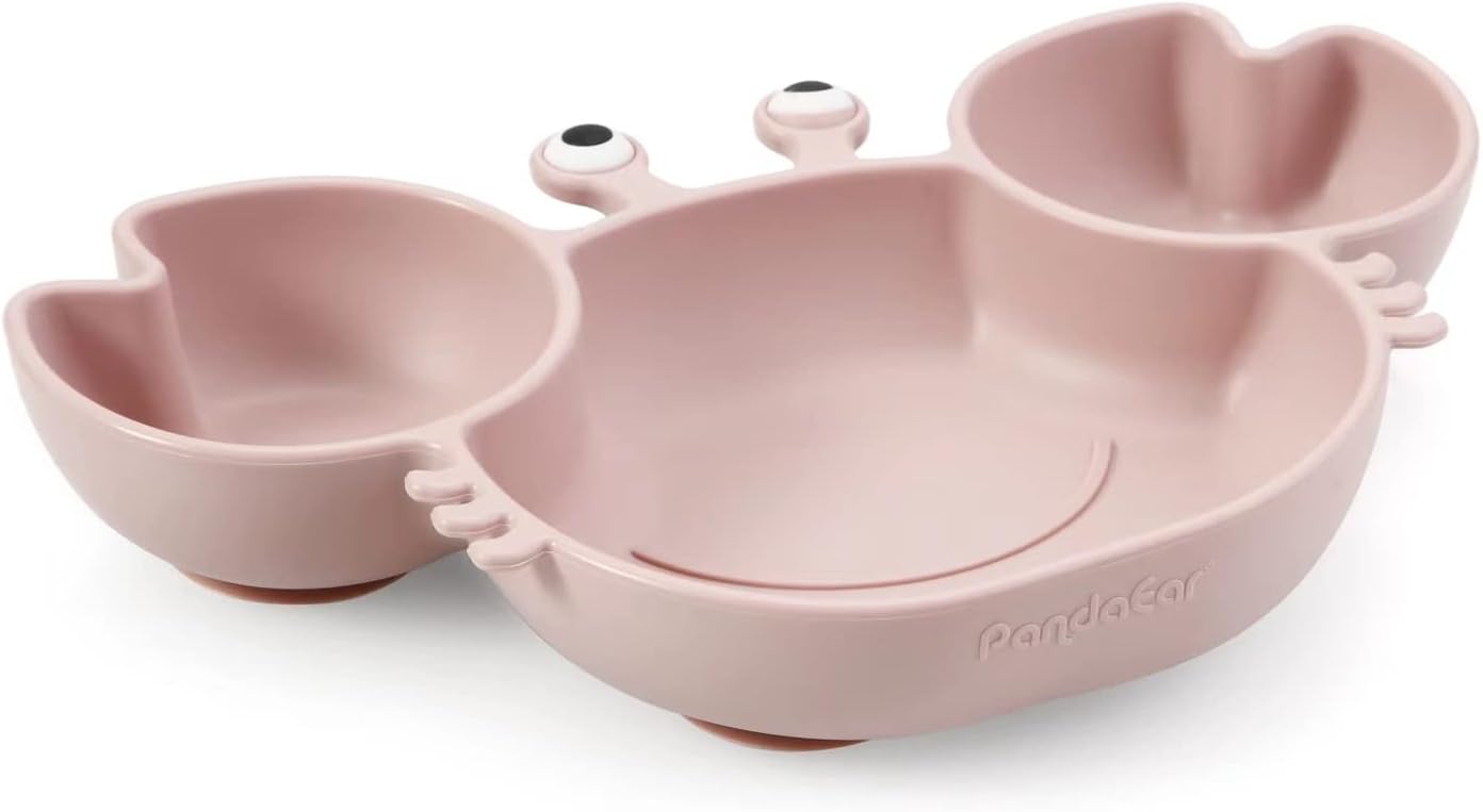 PandaEar Prato de silicone com ventosa + copo de transição + colher e garfo para alimentação infantil, prato dividido com ventosa para bebês e crianças pequenas, conjunto de itens para alimentação infantil, cor rosa caranguejo