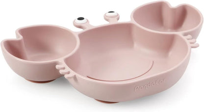 PandaEar Prato de silicone com ventosa + copo de transição + colher e garfo para alimentação infantil, prato dividido com ventosa para bebês e crianças pequenas, conjunto de itens para alimentação infantil, cor rosa caranguejo
