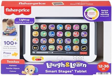 Fisher-Price Brinquedo educativo infantil Laugh & Learn Smart Stages Tablet Computador de Brincadeira com Música e Luzes para Crianças a partir de 1 Ano, Versão em Inglês do Reino Unido, JNH90