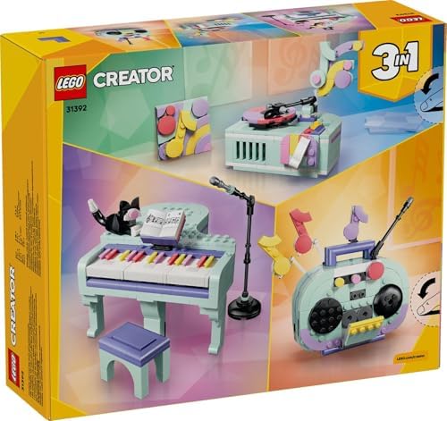 LEGO Creator 3 em 1 Piano Musical Decorativo com Brinquedo de Gato - Kit de Modelo Retrô que se Transforma em Rádio ou Toca-Discos - Decoração DIY para Quarto Infantil - Presente de Aniversário para Meninas e Meninos a partir de 9 Anos - 31392