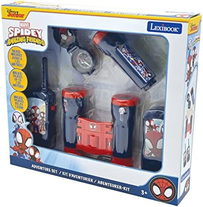 LEXIBOOK, Homem-Aranha e Seus Incríveis Amigos, Conjunto completo de aventuras para crianças, walkie-talkies de 120m, binóculos, lanterna, bússola (vermelha/azul), RPTW11SP