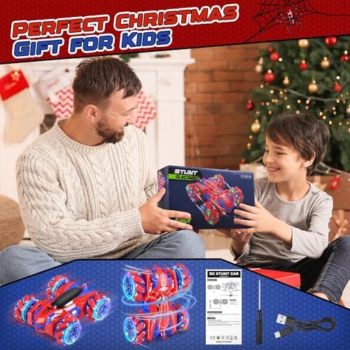 Carro de Controle Remoto Spider - Caminhão Monstro de 2.4Ghz com Rotação de 360° e Dupla Face para Meninos de 4 a 8 Anos, Carro Acrobático 4WD com Luzes Incríveis