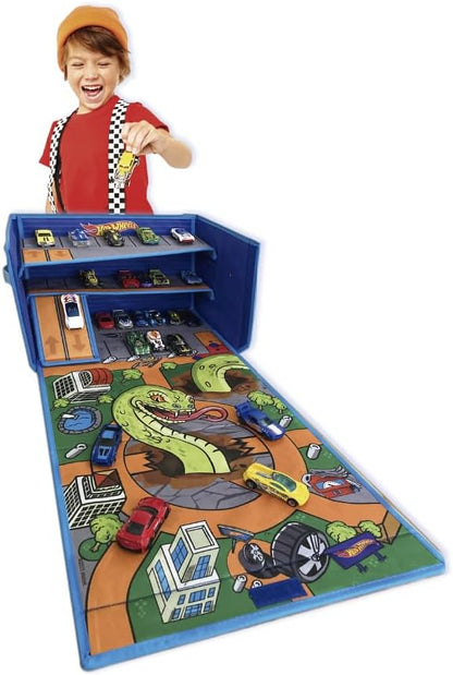 Hot Wheels Caixa de Garagem com Tapete de Brincar - 3 em 1 Caixa de Armazenamento Dobrável para Carrinhos com Pistas de Velocidade | Armazenamento para Carrinhos de Brinquedo (Carrinhos Não Inclusos)