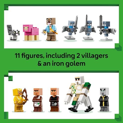 LEGO Minecraft Evoker Ataque à Vila - Modelo de Casa com Jardim, 11 Figuras incluindo Pedreiro e Golem de Ferro - Decoração para Quarto Infantil - Presente para Gamers a partir de 9 Anos - 21596