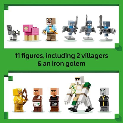 LEGO Minecraft Evoker Ataque à Vila - Modelo de Casa com Jardim, 11 Figuras incluindo Pedreiro e Golem de Ferro - Decoração para Quarto Infantil - Presente para Gamers a partir de 9 Anos - 21596
