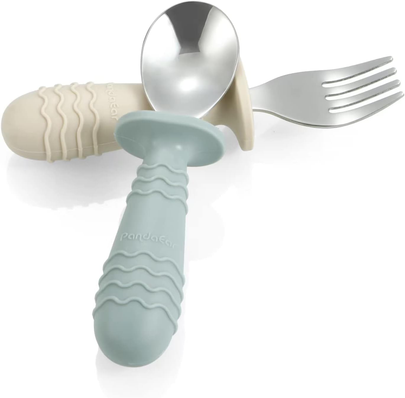 PandaEar Conjunto de 6 peças de talheres infantis em aço inoxidável e silicone, incluindo colher, garfo e cabo, livres de BPA e com design anti-engasgo (azul, rosa e branco).