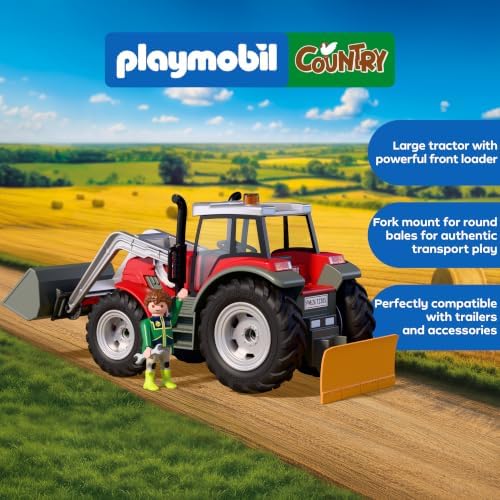 Playmobil | Country | Trator Grande com Fardos de Feno | Trator Potente com Carregadora Frontal, Fardos Redondos e Conjunto de Ferramentas | Para Crianças a partir de 4 Anos | 72305