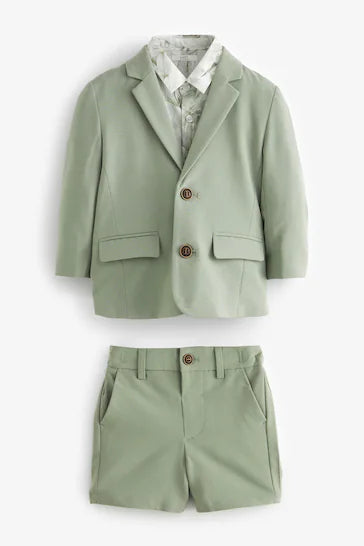 |Boy| Conjunto De Blazer, Camisa e Shorts Verde Sálvia (3 meses a 9 anos)