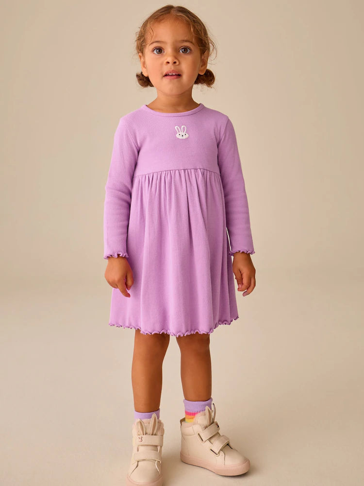 |Girl| Vestido Canelado de Manga Longa com Bordado de Coelhinho Lilás (3 meses a 7 anos)