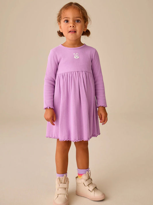 |Girl| Vestido Canelado de Manga Longa com Bordado de Coelhinho Lilás (3 meses a 7 anos)