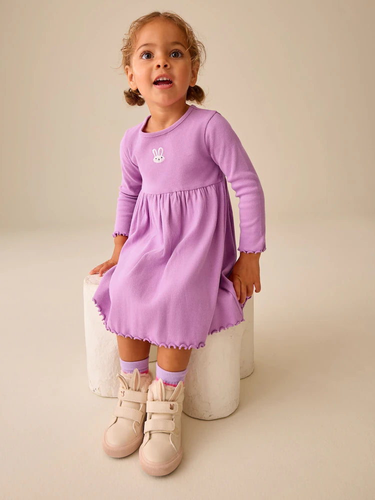|Girl| Vestido Canelado de Manga Longa com Bordado de Coelhinho Lilás (3 meses a 7 anos)
