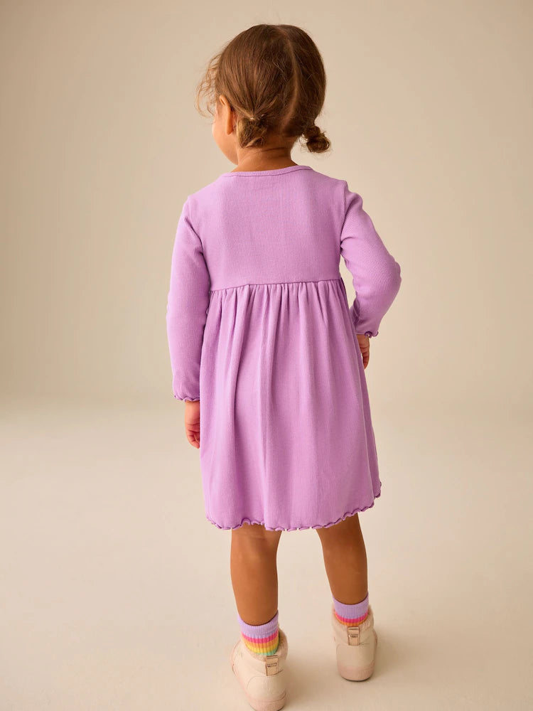 |Girl| Vestido Canelado de Manga Longa com Bordado de Coelhinho Lilás (3 meses a 7 anos)