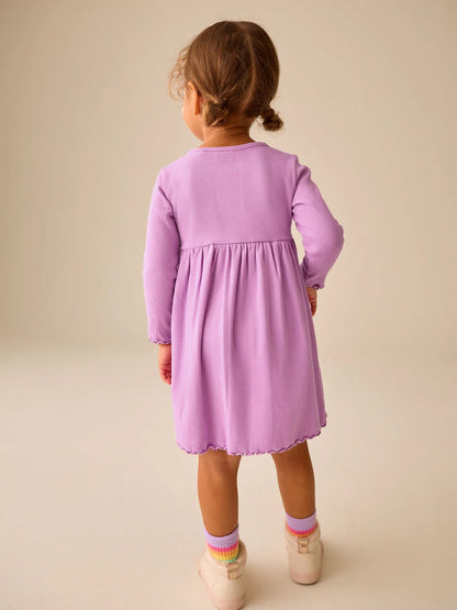 |Girl| Vestido Canelado de Manga Longa com Bordado de Coelhinho Lilás (3 meses a 7 anos)