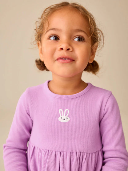 |Girl| Vestido Canelado de Manga Longa com Bordado de Coelhinho Lilás (3 meses a 7 anos)