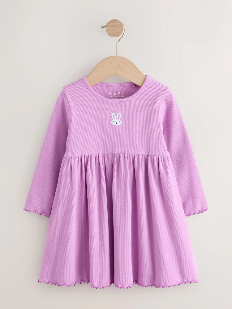 |Girl| Vestido Canelado de Manga Longa com Bordado de Coelhinho Lilás (3 meses a 7 anos)