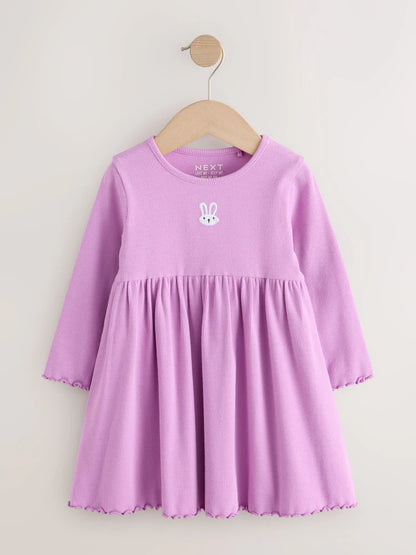|Girl| Vestido Canelado de Manga Longa com Bordado de Coelhinho Lilás (3 meses a 7 anos)