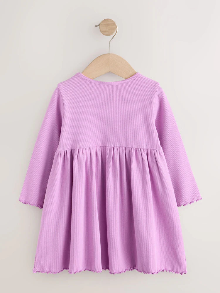 |Girl| Vestido Canelado de Manga Longa com Bordado de Coelhinho Lilás (3 meses a 7 anos)