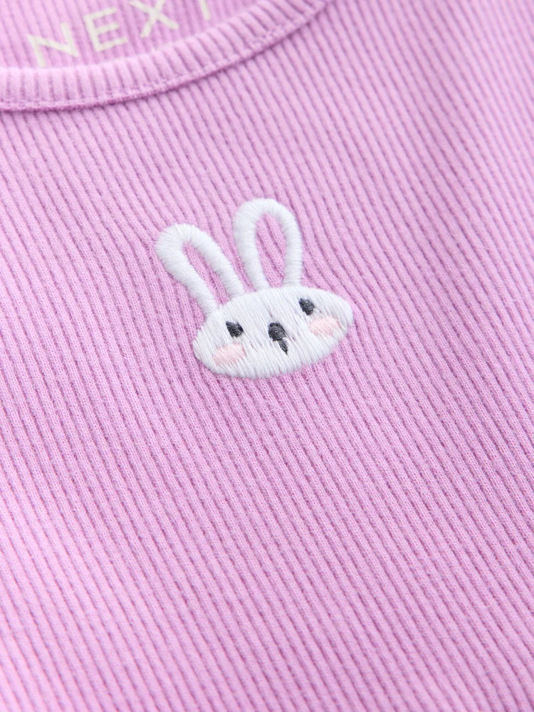 |Girl| Vestido Canelado de Manga Longa com Bordado de Coelhinho Lilás (3 meses a 7 anos)