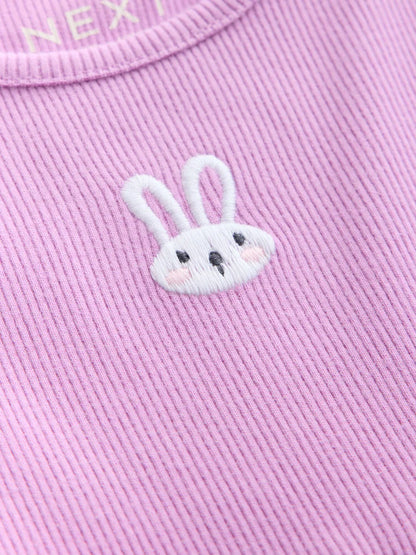 |Girl| Vestido Canelado de Manga Longa com Bordado de Coelhinho Lilás (3 meses a 7 anos)