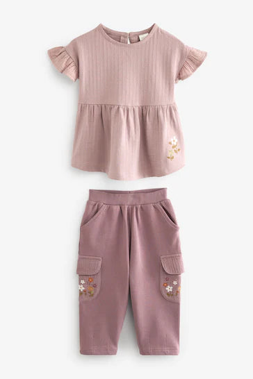 |Girl| Camiseta de manga curta bordada floral roxo e conjunto cargo (3 meses - 7 anos)