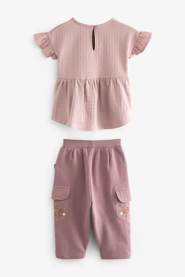 |Girl| Camiseta de manga curta bordada floral roxo e conjunto cargo (3 meses - 7 anos)