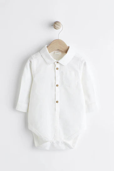 |BabyBoy| Camisa Body Para Bebê - White Woven Linen Mix