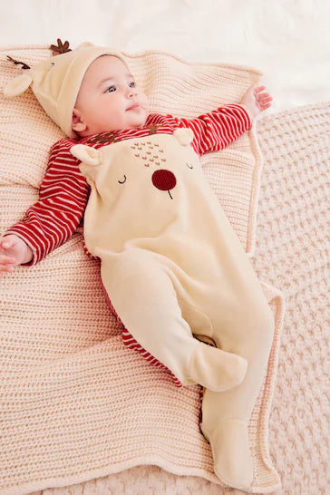 |BabyGirl| Macacão De Bebê Em Veludo De Natal - Cream/Red (0 meses a 2 anos)