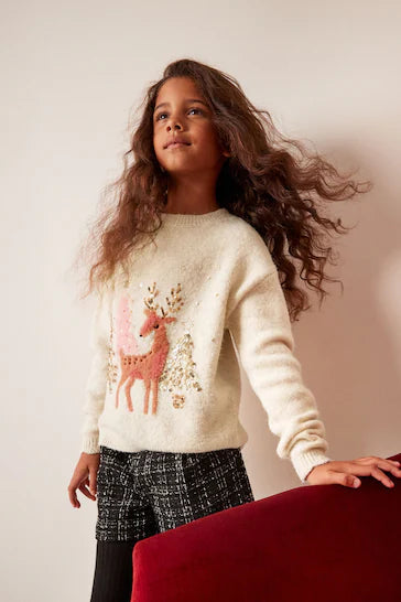 |BigGirl| Natal Suéter De Lantejoulas Cream Deer (3-16 anos)