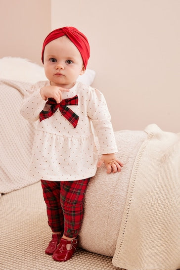 |BabyGirl| Natal Conjunto De 3 Peças De Jersey Tartan Vermelho/Branco cru, Leggings e Chapéu