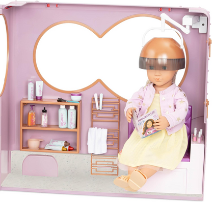 Salão de beleza Our Generation sobre rodas – Conjunto de reboque com tema de salão de beleza dobrável – Conjunto de salão de cabeleireiro com 35 peças