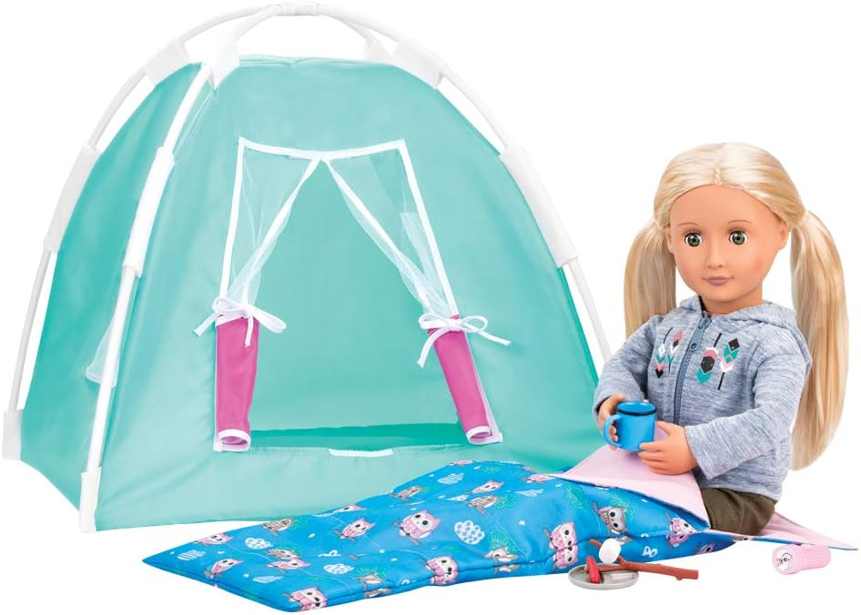 Conjunto de campismo Our Generation Happy Camper para bonecas de 18" - Brinquedo de aventura ao ar livre com tenda, saco-cama, acessórios para fogueira, pau de marshmallow, salsicha, prato de campismo e caneca - (boneca vendida em separado)