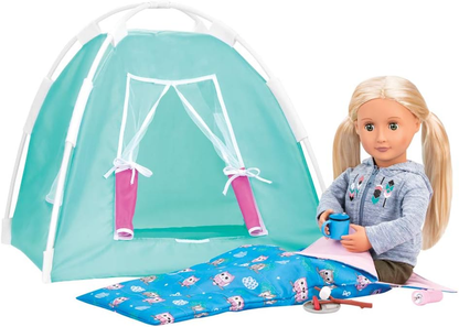 Conjunto de campismo Our Generation Happy Camper para bonecas de 18" - Brinquedo de aventura ao ar livre com tenda, saco-cama, acessórios para fogueira, pau de marshmallow, salsicha, prato de campismo e caneca - (boneca vendida em separado)