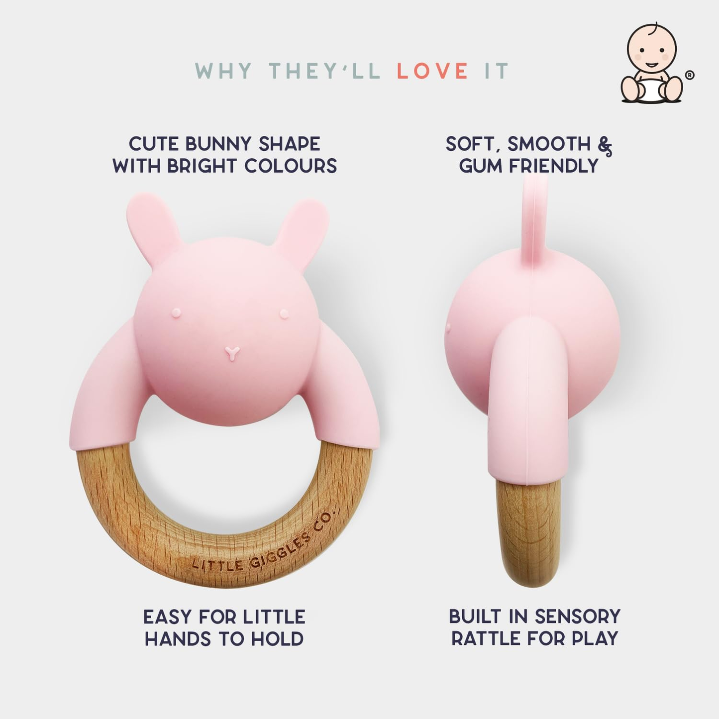 Little Giggles Co.® Conjunto de Brinquedos para Bebé – Inclui chocalho sensorial, anel de dentição calmante e panos grandes de musselina macia 100% algodão. Essenciais para recém-nascidos e ideia perfeita de presente para chá de bebé.
