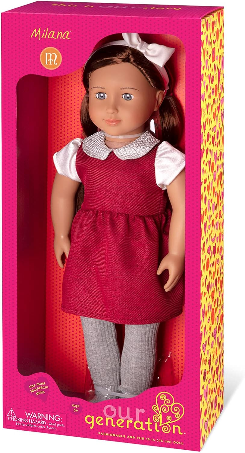 A Nossa Geração - Boneca de 46 cm - Milana - Cabelo castanho comprido e olhos azuis - Roupa de festa - Vestido vermelho com gola brilhante - Brinquedos para crianças a partir dos 3 anos