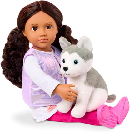 Our Generation – Boneca de 45 cm e conjunto de cãozinho de estimação – Olhos castanho-escuros realistas e cabelo castanho-escuro ondulado – Peluche Husky Dog e acessórios – Brincadeira de faz de conta – Estella e Evi