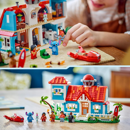 LEGO ǀ Disney Lilo and Stitch Beach House Building Kit, conjunto de construção detalhado para crianças e fãs, opções divertidas de brincadeira de faz de conta para meninas e meninos que adoram as personagens e naves espaciais 43268