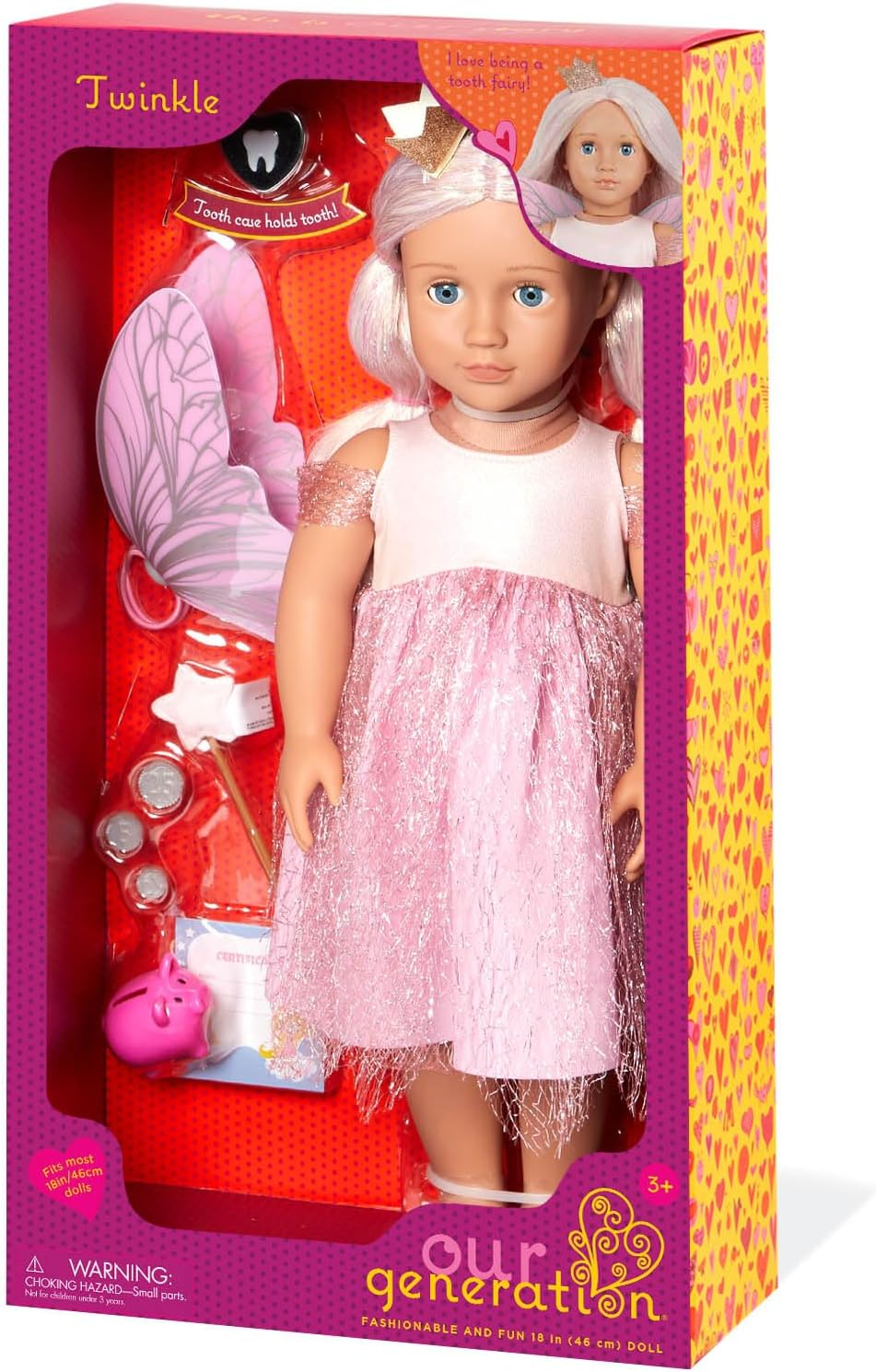 A nossa geração Twinkle Doll - Boneca Fada dos Dentes de 45 cm com asas e varinha - Inclui 12 peças de roupa e conjunto de acessórios