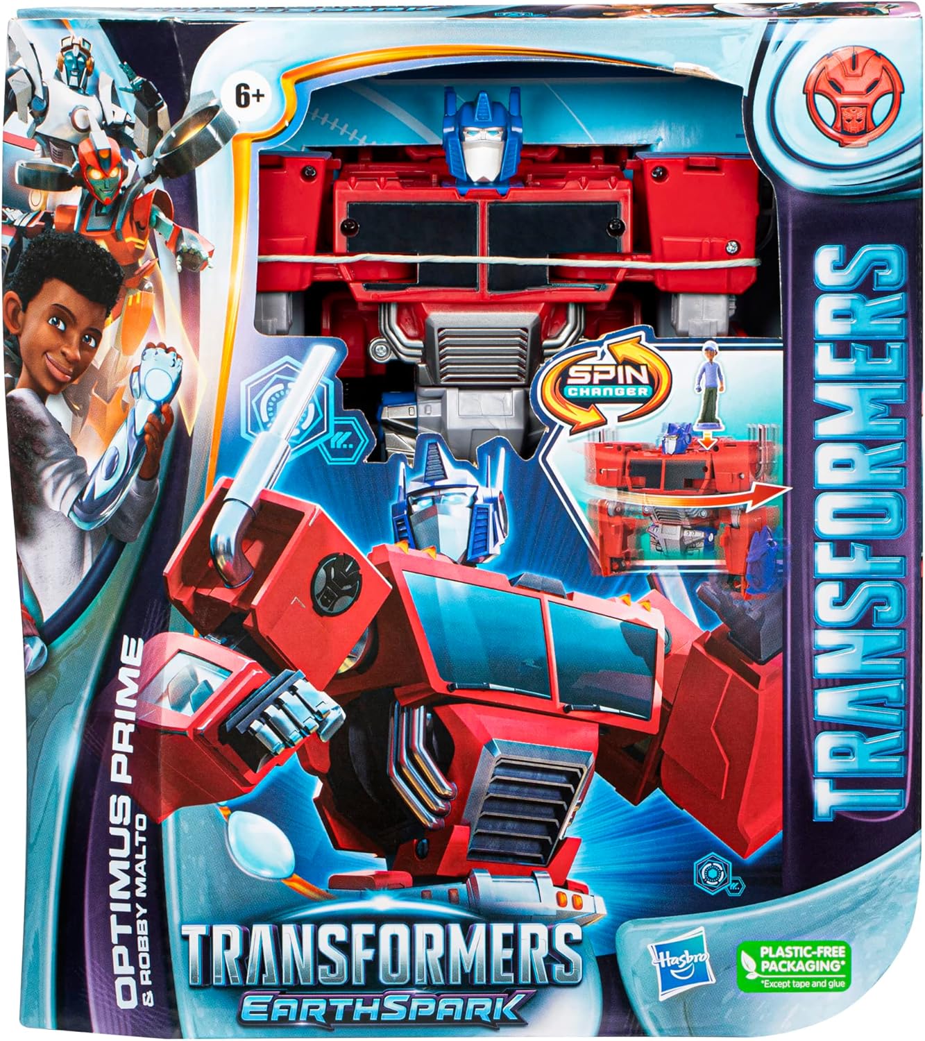 Transformers F7663 Toys EarthSpark Spin Changer, Multicolorido, Figura de Acção Optimus Prime de 20 cm com Figura Robby Malto de 5 cm, para maiores de 6 anos