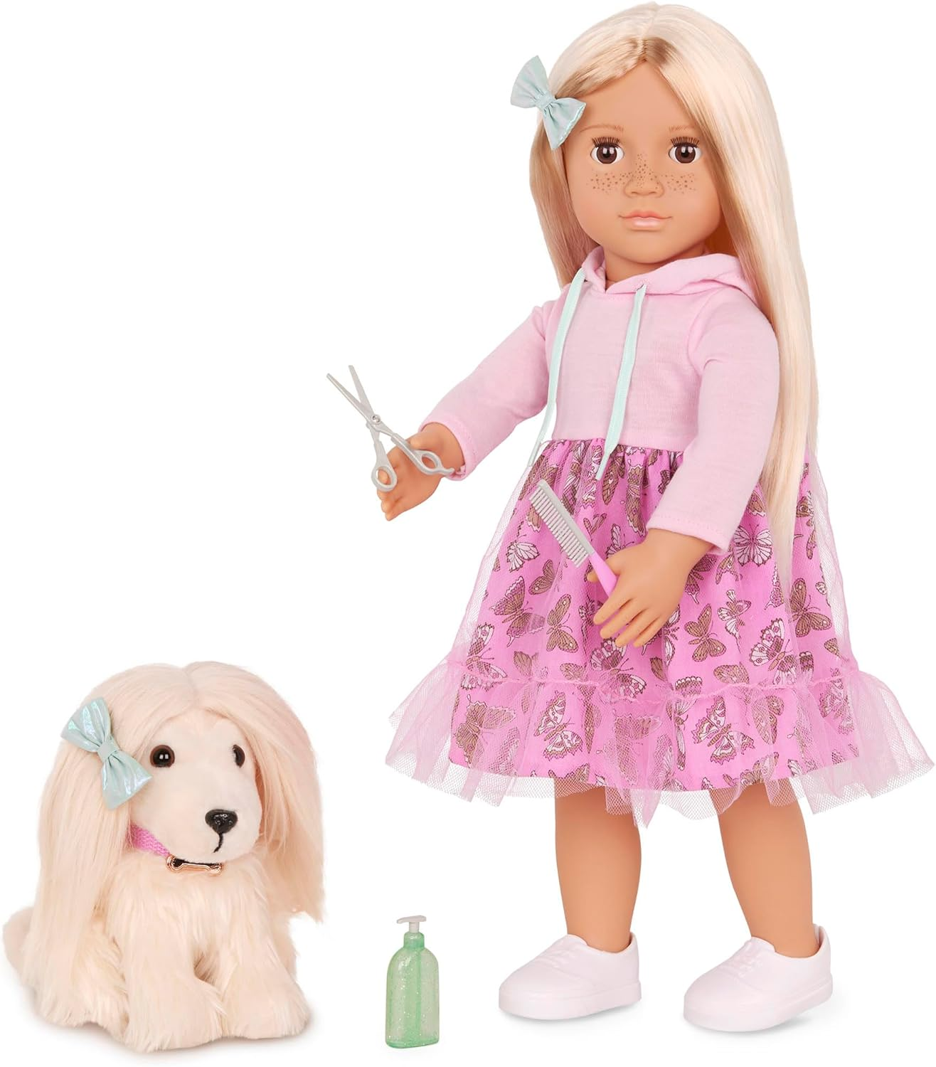 A Nossa Geração Hattie & Bella – Dupla de Bonecas e Cãozinhos de 18 Polegadas, Nody Macio, Peluche para Cão e Acessórios de Higiene
